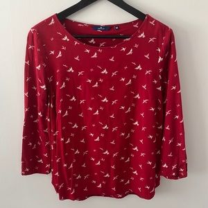 Red bird print blouse